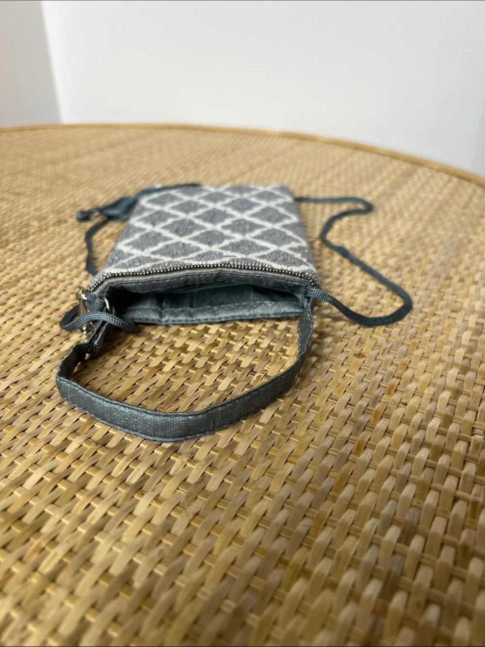 Bamboo Trading Co Beaded Moroccan Wristlet shoulder strap steel blue/grey white